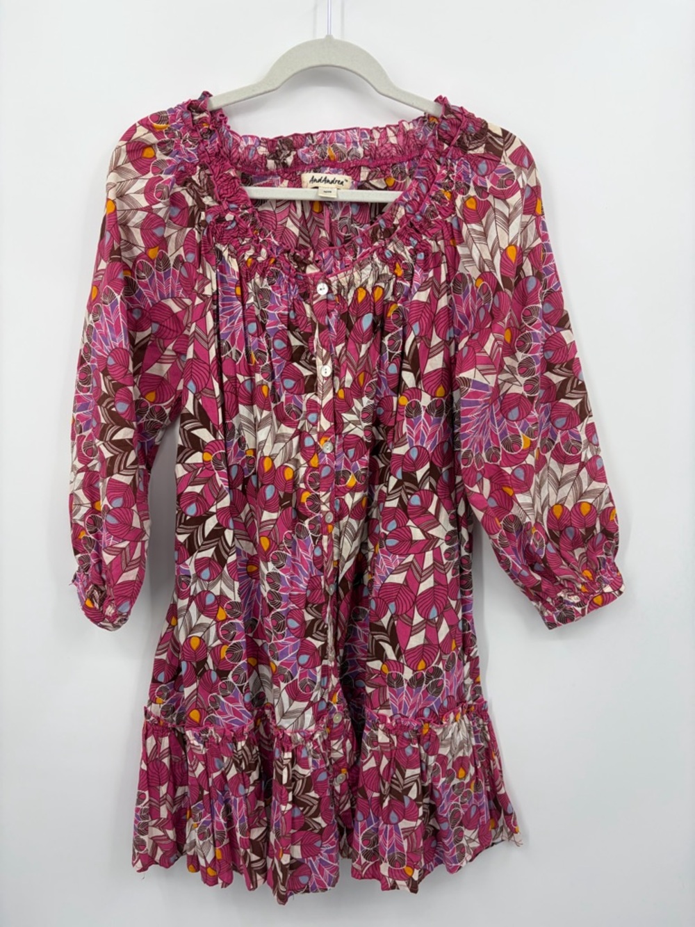And Andrea boho-style mini dress vibrant magenta feather smocked tiered flowy PS